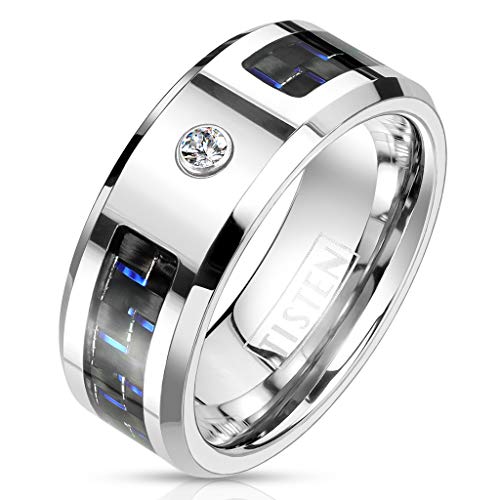 Paula & Fritz® Ring Herren Carbonfaser-Inlay Zirkonia Klar TISTEN Titan-Wolfram Größe 72 (22,9) Silber 8-mm breit Partnerring Ehering Memoire-Ring Damenring von Paula & Fritz