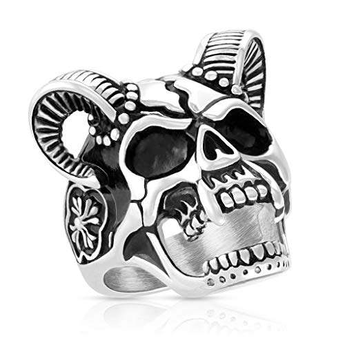 Paula & Fritz® Ring Herren Dämonen-Schädel mit Hörnern 316L Chirurgenstahl Größe 62 (19,7) Silber Bikerring Motivring Damenring Totenkopf Partnerring von Paula & Fritz