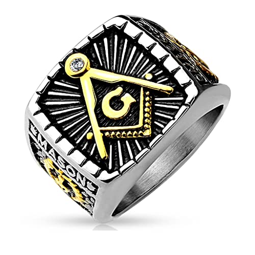 Paula & Fritz® Ring Herren Freimaurer-Gussring 316L Chirurgenstahl Größe 59 (18,8) 8-mm Breit Silber Gold Damenring Partnerring Ehering Bandring von Paula & Fritz