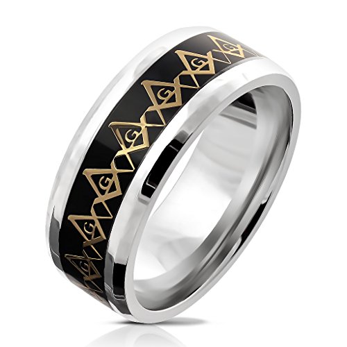 Paula & Fritz® Ring Herren Freimaurer-Kompass 316L Chirurgenstahl Größe 70 (22,3) 8-mm Breit Silber Gold Schwarz Damenring Partnerring Ehering Bandring von Paula & Fritz