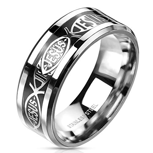 Paula & Fritz® Ring Herren Jesus Fisch 316L Chirurgenstahl Gr. 59 (18,8) Silber/Schwarz Damen-Ring Freundschaftsring Herrenring Partnerring Religion von Paula & Fritz