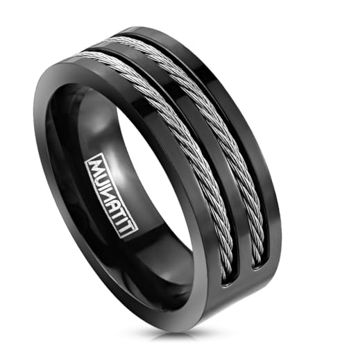 Paula & Fritz® Ring Herren Schwarz Kabel-Inlay Silber Titan Grade 2 Größe 72 (22,9) 8-mm breit Partnerring Verlobungsring Memoire-Ring Ehering Damen von Paula & Fritz