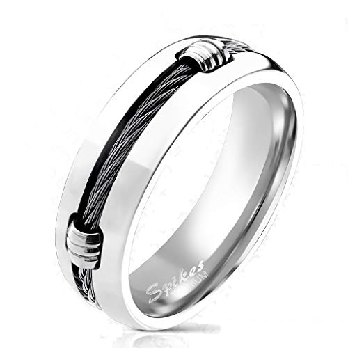 Paula & Fritz® Ring Herren Silber Stahl-Seil Inlay Titan-IUM Grade 2 Größe 70 (22,3) 7-mm breit Partnerring Verlobungsring Herrenring Bandring Bikerring von Paula & Fritz