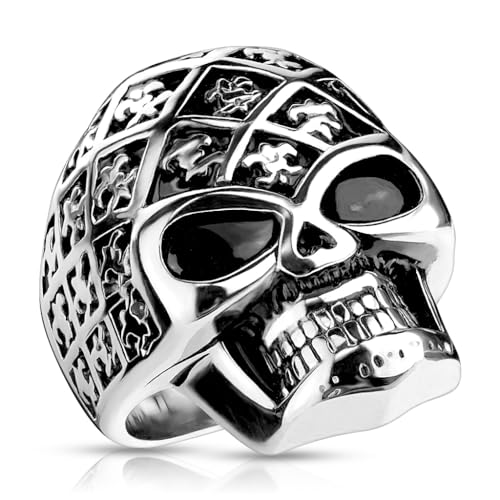 Paula & Fritz® Ring Herren Totenkopf Silber Fleur De Lis 316L Chirurgenstahl Größe 62 (19,7) 30-mm Breit Damen-Ring Partnerring Ehering Motivring von Paula & Fritz