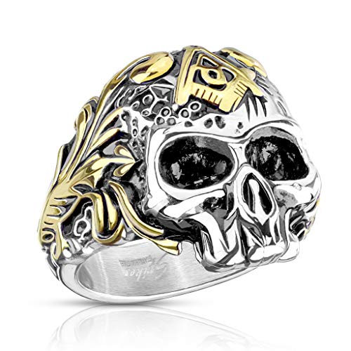 Paula & Fritz® Ring Herren Totenkopf goldene Zeichen 316L Chirurgenstahl Größe 64 (20,4) Silber Biker-Ring Motiv-Ring Damen-Ring Männerring Schädelring von Paula & Fritz