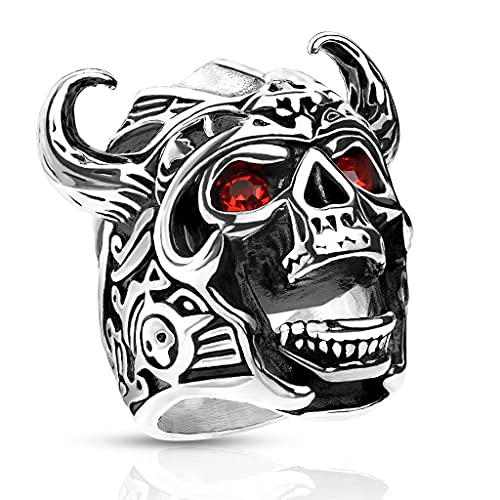 Paula & Fritz® Ring Herren Vikinger-Schädel Zirkonia Rot 316L Chirurgenstahl Größe 72 (22,9) Silber Bikerring Motivring Damenring Totenkopf Partnerring von Paula & Fritz