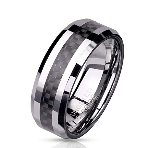 Paula & Fritz® Ring Herren Wolframcarbid Carbonfaser-Inlay Gr. 62 (19,7) Silber/Schwarz 8-mm Breit Herren-Ring Damenring Partnering Verlobungsring von Paula & Fritz