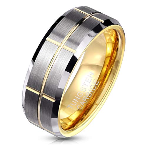 Paula & Fritz® Ring Herren Wolframcarbid Gebürstet Tiefe Rillen Gr. 62 (19,7) Gold-Silber 8-mm Breit Herren-Ring Partnerring Damenring Verlobungsring von Paula & Fritz