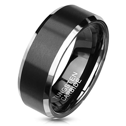 Paula & Fritz® Ring Herren Wolframcarbid Schwarz gebürstet Gr. 64 (20,4) Schwarz-Silber 8-mm Breit Herren-Ring Damenring Partner-Ring Verlobungsing von Paula & Fritz