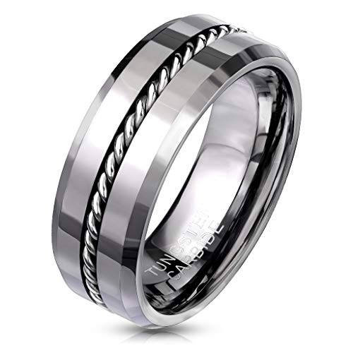 Paula & Fritz® Ring Herren Wolframcarbid glänzend Ketten-Inlay Gr. 64 (20,4) Silber 8-mm Breit Herren-Ring Partnerring Damenring Ehering Verlobungsring von Paula & Fritz