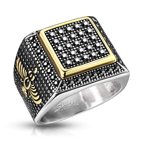 Paula & Fritz® Ring Herren Zirkonia Ornamente 316L Chirurgenstahl Größe 64 (20,4) Silber/Gold/Schwarz Herren-Ring Freundschaftsring Siegel-Ring von Paula & Fritz