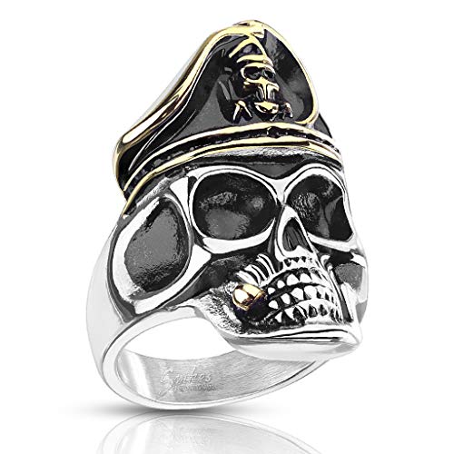 Paula & Fritz® Ring Herren massiver Piraten-Schädel 316L Chirurgenstahl Größe 70 (22,3) Silber-Gold Bikerring Motivring Damenring Totenkopf Herrenring von Paula & Fritz