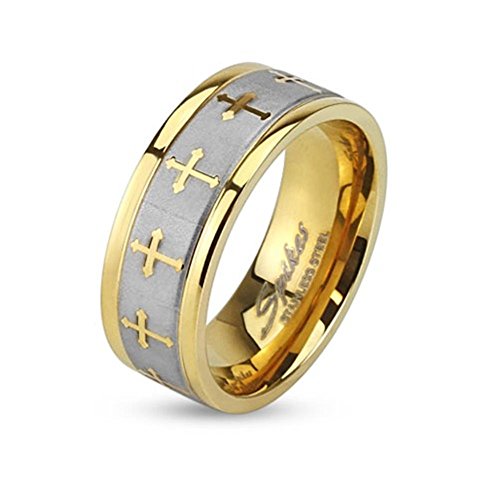 Paula & Fritz® Ring Herren Gold Keltisches Kreuz 316L Chirurgenstahl Größe 64 (20,4) 8-mm Ring-Breite Damen-Ring Partnerring Ehering Religion Motivring von Paula & Fritz