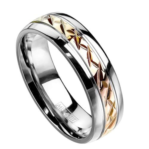 Paula & Fritz® Ring Damen Silber Rosegold Streifen Titan-ium Grade 2 Größe 57 (18,1) 6-mm Ringbreite Partnerring Verlobungsring Band-Ring Herren-Ring von Paula & Fritz