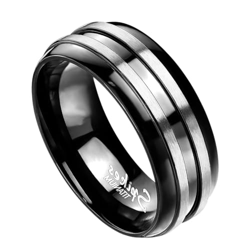 Paula & Fritz® Ring Herren Schwarz Streifen Silber Titan Grade 2 Größe 64 (20,4) 8-mm breit Partnerring Verlobungsring Memoire-Ring Ehering Damen-Ring von Paula & Fritz