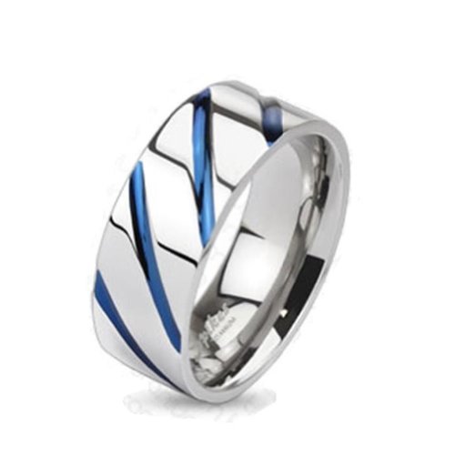 Paula & Fritz® Ring Herren Silber Blau Gestreift Titan Grade 2 Größe 52 (16,6) 6-mm breit Partnerring Verlobungsring Motiv-Ring Damen-Ring Ehe-Ring von Paula & Fritz