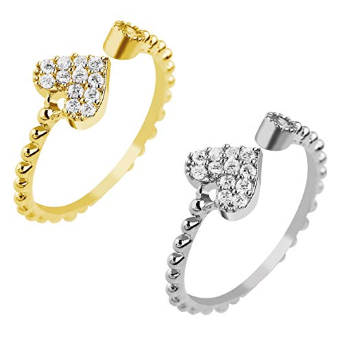 Paula & Fritz® Verstellbarer Damenring Zehen-Ring Motiv Herz Strass Clear Verlobungs-Ring Freundschaftsring Herrenring Partnerring Edelstahl Chirurgenstahl 316L R-A036_Set von Paula & Fritz