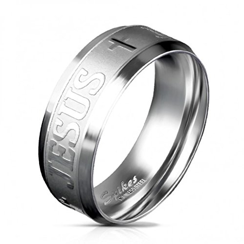 Paula & Fritz® gebürsteter Edelstahl Damen-Ring Verlobungs-Ring Freundschaftsring Herrenring Partnerring Jesus Kreuz Gravur Silber R-M5870 63 (20) von Paula & Fritz