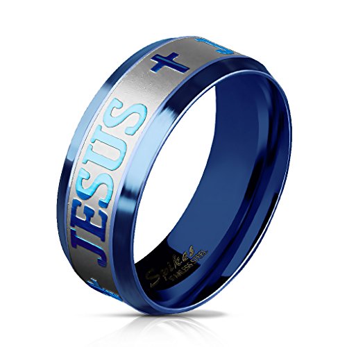 Paula & Fritz® gebürsteter Edelstahl Damen-Ring Verlobungs-Ring Freundschaftsring Herrenring Partnerring Jesus Kreuz Gravur blau R-M5870B 50 (16) von Paula & Fritz