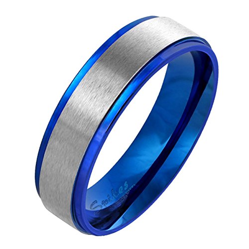 Paula & Fritz® gebürsteter Edelstahlring Damen-Ring Verlobungs-Ring Freundschaftsring Herrenring Partnerring Stepped Edge blau 63 (20) von Paula & Fritz