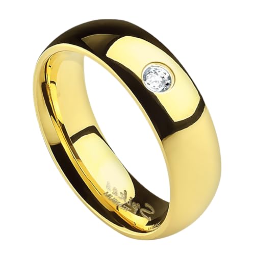 Paula & Fritz® Ring Damen Kuppel-Ring Gold Zirkonia Klar Titan Grade 2 Größe 52 (16,6) 6-mm Breit-e Partnerring Verlobung Herren-Ring poliert Solide von Paula & Fritz