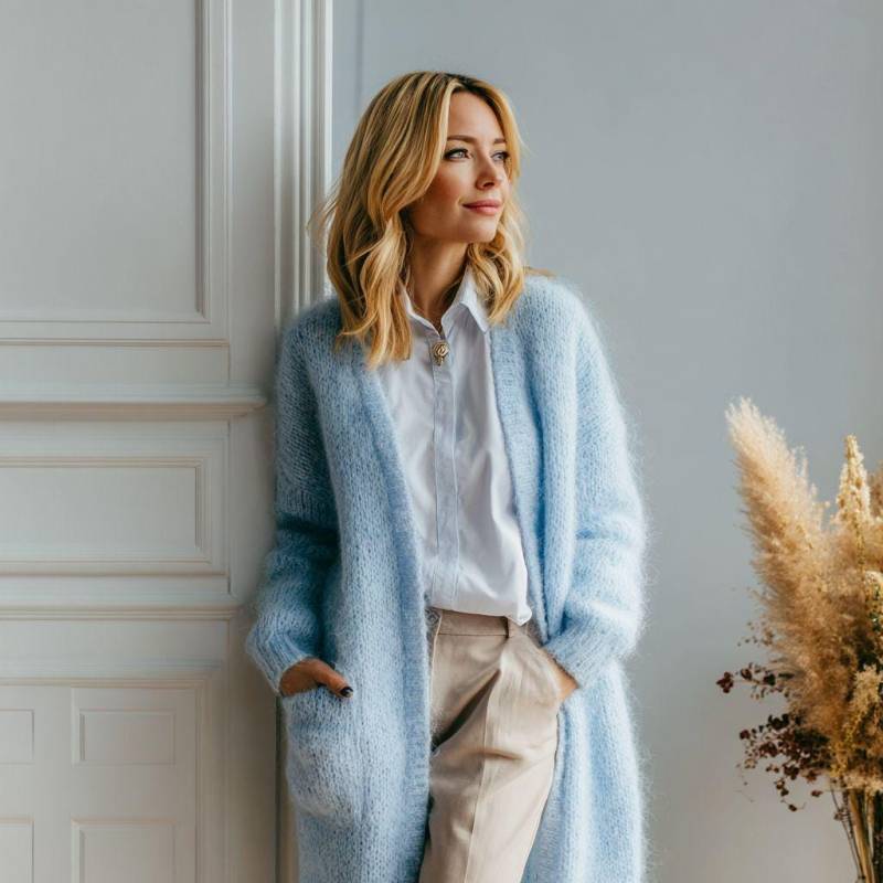 Lange Mohair Strickjacke, Cardigan, Jacke Handgestrickt Handmade One Size Hellblau Cardigan Lang von PaulaCashmere