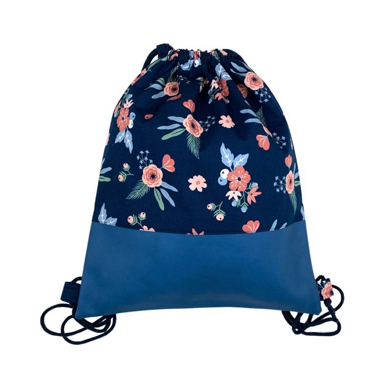 Turnbeutel Blumen Rucksack Geblümt Dunkelblau Mit Kunstleder Und Innenfach Reißverschluss von PaulaRosaHandmade