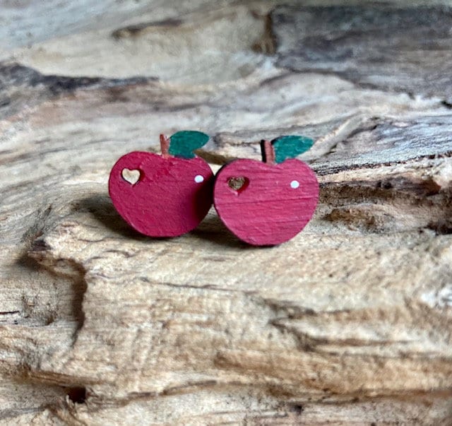 Ohrstecker Apfel Äpfelchen Holz Bemalt Apple Ear Stud Wood Wooden Hand Painted von PauleWackeldackel