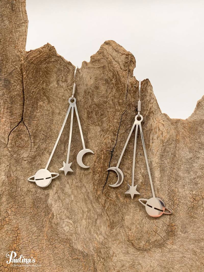 Löwenzahn-Energie-Ohrgehänge Edelstahl Hängender Mond, Stern Und Planet von PaulinasSchmuck