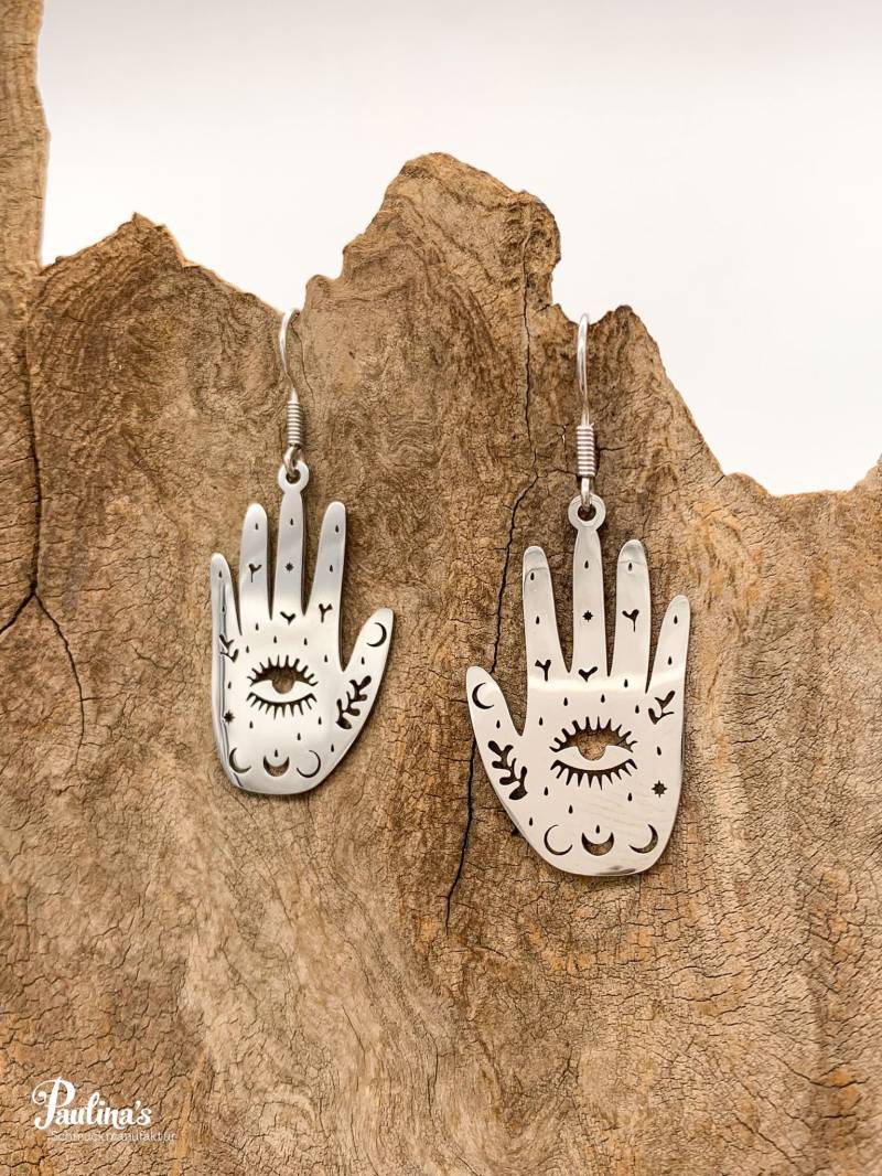 x-Energie-Ohrgehänge Tropfen Edelstahl Hamsa Hand Mit Gestirnen von PaulinasSchmuck