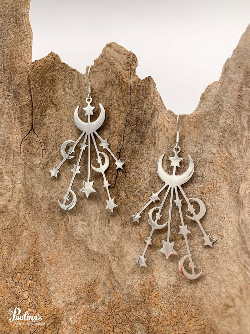 x-Energie-Ohrgehänge Tropfen Edelstahl Viele Mondsicheln Mit Sternen von PaulinasSchmuck