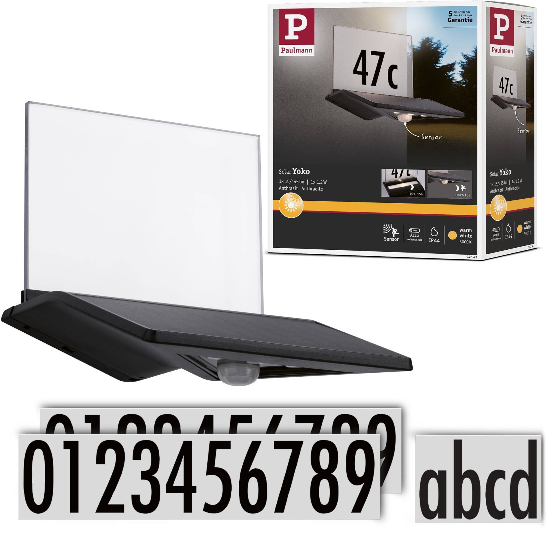 Paulmann LED Außen-Wandleuchte "Yoko" LED-Board 1 Stk. Warmweiß LED-Board, Solar Hausnummernleuchte, mit Bewegungsmelder von Paulmann