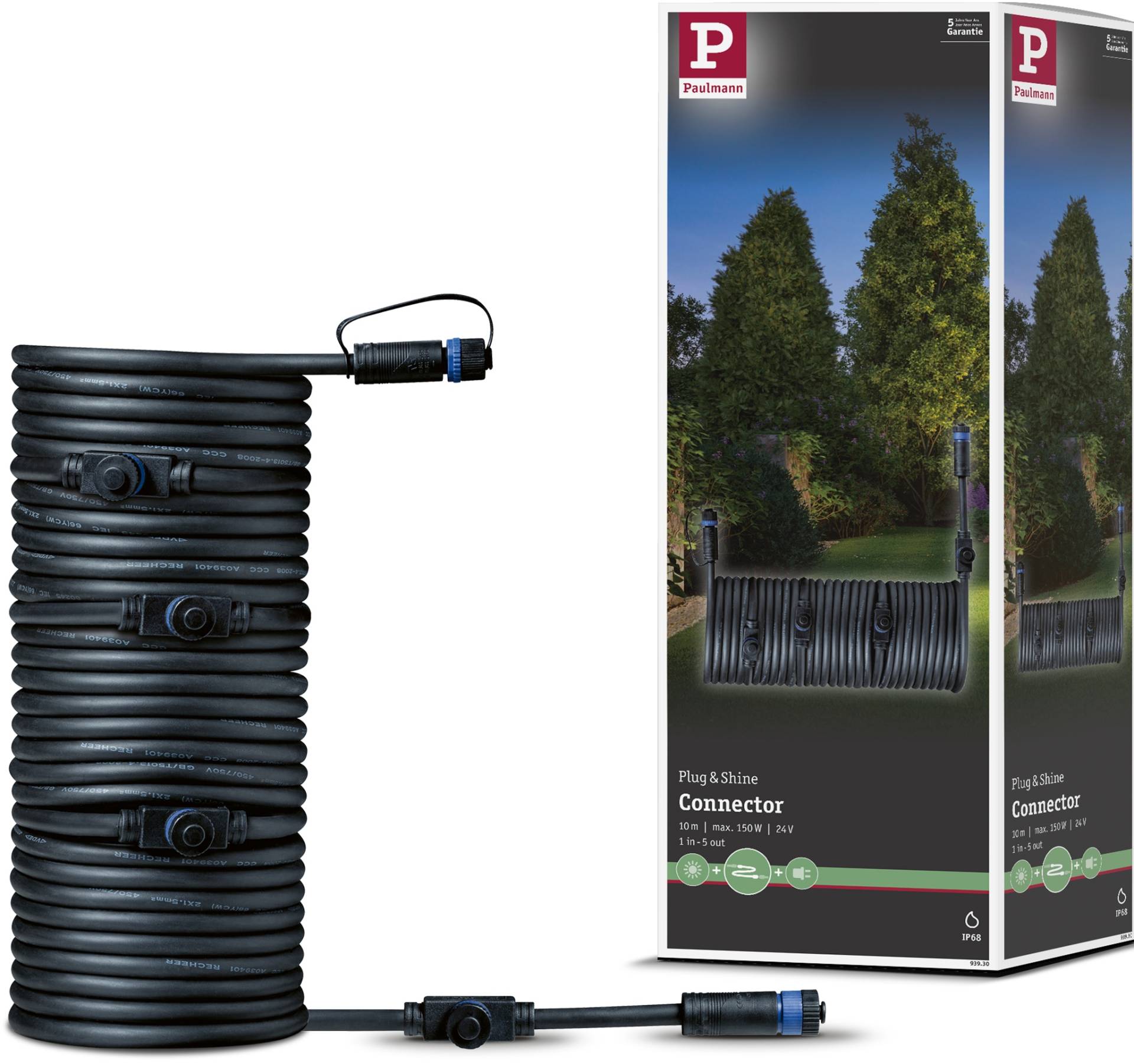 Paulmann Lampen-Verbindungskabel "Outdoor Plug&Shine 10m IP68" 1.000 cm 1 in - 5 out von Paulmann