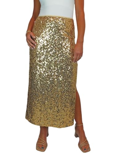 Damen Stretch Sequin Maxi Rock Damen Funkelnder Eleganter Rock Mit Offenem Seitenschlitz Gold 34-48 (L) von Paulo Due