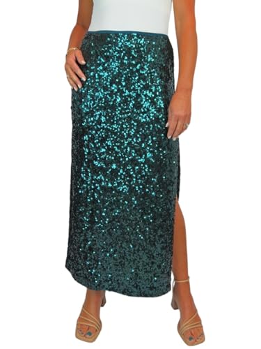 Damen Stretch Sequin Maxi Rock Damen Funkelnder Eleganter Rock Mit Offenem Seitenschlitz Grün 34-48 (M) von Paulo Due