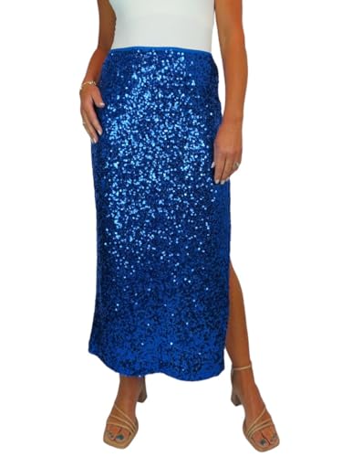 Damen Stretch Sequin Maxi Rock Damen Funkelnder Eleganter Rock Mit Offenem Seitenschlitz Königsblau 34-48 (L) von Paulo Due