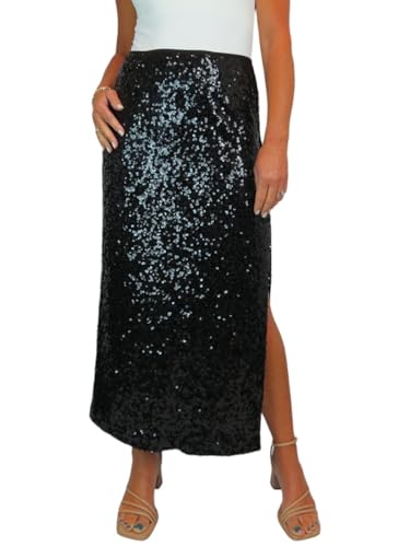 Damen Stretch Sequin Maxi Rock Damen Funkelnder Eleganter Rock Mit Offenem Seitenschlitz Schwarz 34-48 (M) von Paulo Due