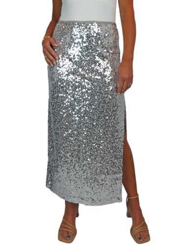 Damen Stretch Sequin Maxi Rock Damen Funkelnder Eleganter Rock Mit Offenem Seitenschlitz Silber 34-48 (XL) von Paulo Due