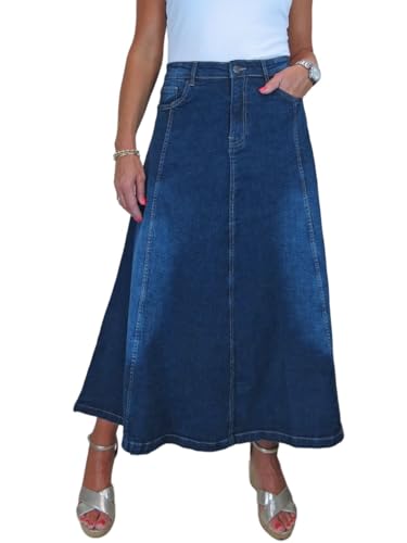 Paulo Due Damen Stretch Denim Maxi Jeansrock Mit Weit Ausgestelltem Saum Dunkel verblasstes Blau 38-48 (40) von Paulo Due