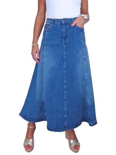 Paulo Due Damen Stretch Denim Maxi Jeansrock Mit Weit Ausgestelltem Saum Mittelblaues Verblassen 38-48 (38) von Paulo Due