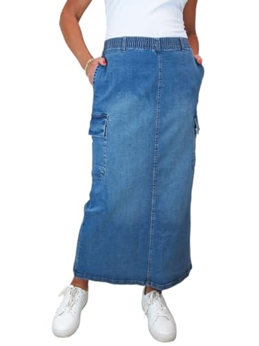 Paulo Due Maxi-Jeansrock Aus Stretch-Denim Für Damen Mit Elastischem Bund, Cargo-Stil Mittelblau Verblasst 36-48 (46) von Paulo Due