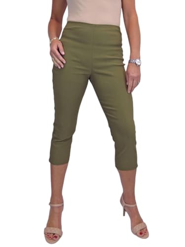 Paulo Due Pull-On-Stretch-Bengaline-Caprihose Für Damen Mit Elastischem, Hohem Bund Khaki Grün 34-46 (40) von Paulo Due