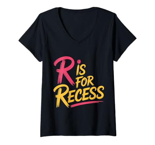Damen R is for Recess Schulfache Unterbrechung der Schüler Spaß |- T-Shirt mit V-Ausschnitt von Pause Spielplatz Vibes Schule