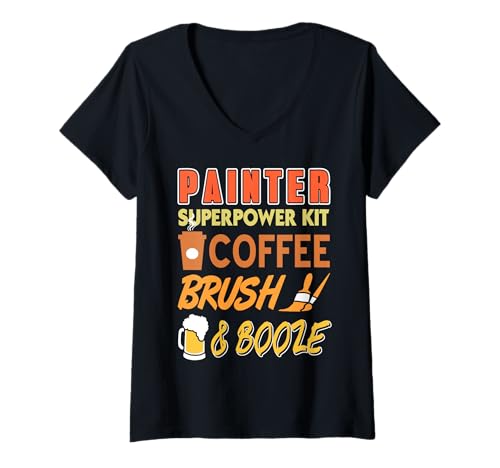 Damen Coffret Super Pouvoirs du Peintre Drôle T-Shirt mit V-Ausschnitt von Pause café, rouleau et petite bière