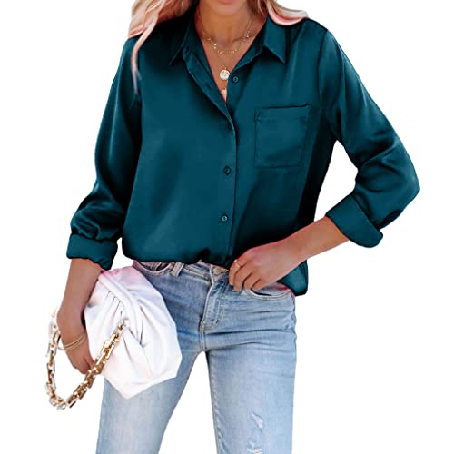 Pausus Damen Seide Button Down Hemd Langarm Büro Slim Fit Blusen Casual Business Satin Tops, bule, X-Groß von Pausus