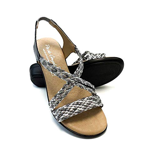 ZAPATISIMOS Damen-Sandalen, offene Spitze, Leder-Einlegesohle, Gel-Einlegesohle, elastischer Verschluss, Frühling, Sommer, silber, 41 EU von Pavarella