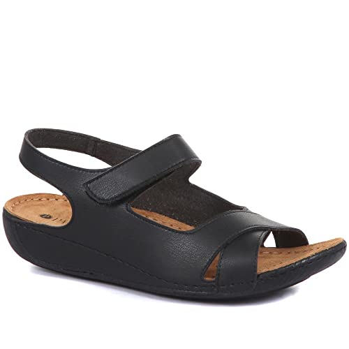 Pavers Sandalen mit Klettverschluss für Damen – breitere Passform, weiche Ledereinlegesohle mit Klettverschluss-Riemen, Schwarz , 39 EU von Pavers