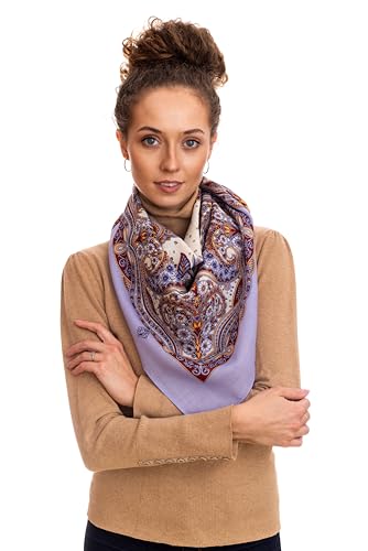 Original Damen Hellviolett Russischer Pawlow Pavlovo Posad Schal Tuch Umschlagtuch 100% Wolle, mit Paisley und Blumen 89cm x 89cm von Pavlovo Posad Shawl Manufactory