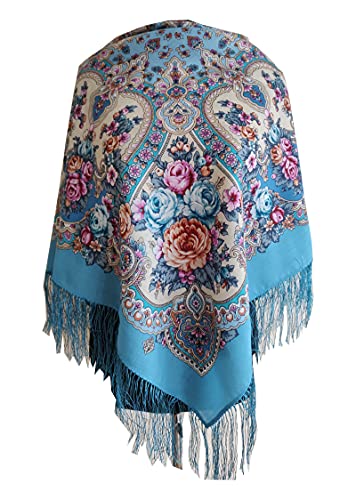 Original Damen Russischer Pawlow Pavlovo Posad Blau Schal Tuch Umschlagtuch 100% Wolle, mit Paisley und Blumen, mit Seidenfransen, hochwertige Stola - sehr hohe Qualität 89cm x 89cm von Pavlovo Posad Shawl Manufactory