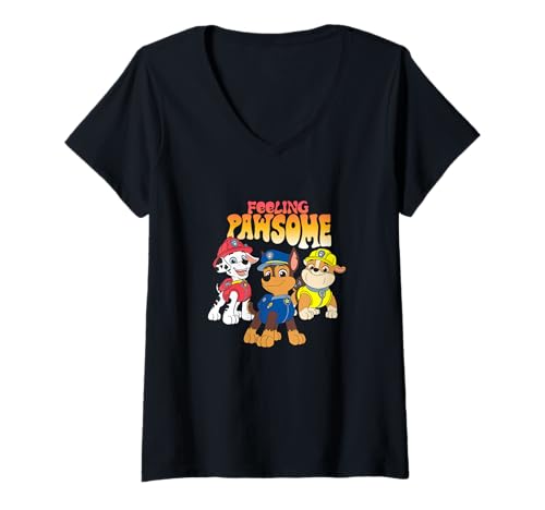 Damen Paw Patrol Feeling PAWsome Pup Trio Gradient Text T-Shirt mit V-Ausschnitt Damen Paw Patrol Feeling PAWsome Pup Trio Gradient Text T-Shirt mit V-Ausschnitt von Paw Patrol